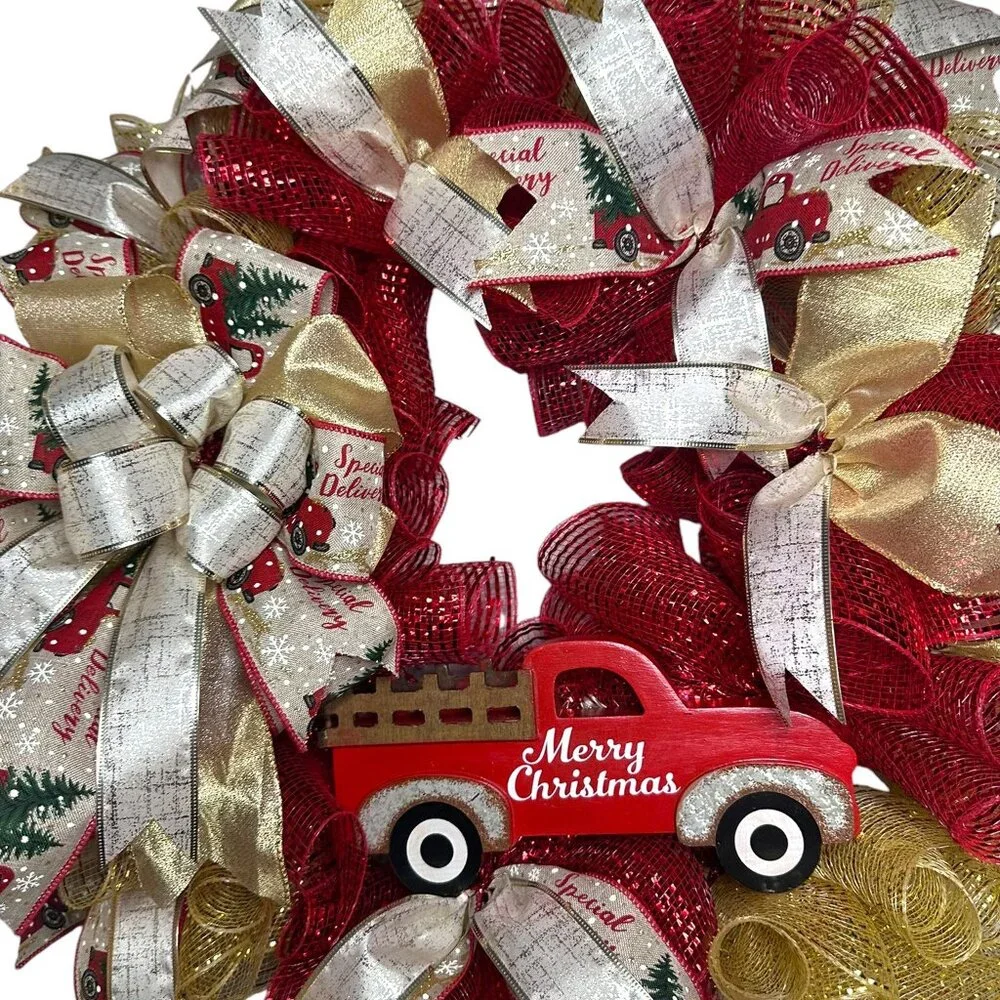 Handcrafted Deco Mesh Wreath with Red 